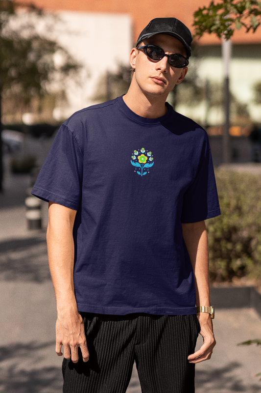 Petals of strength half sleeve navy blue oversized t-shirt for men by hello