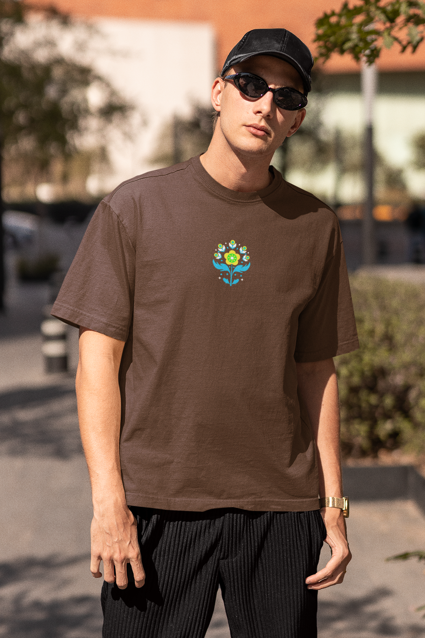 Petals of strength half sleeve brown oversized t-shirt for men by hello swanky
