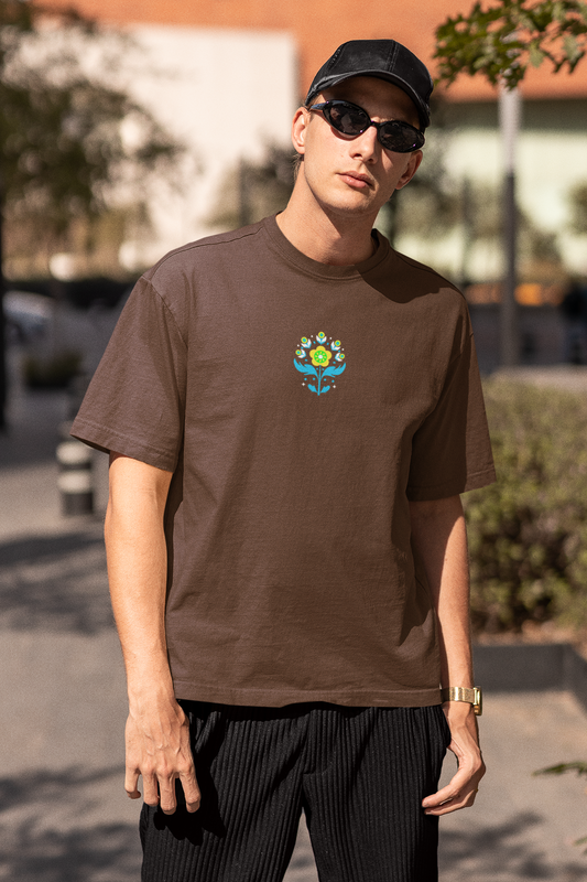Petals of strength half sleeve brown oversized t-shirt for men by hello swanky