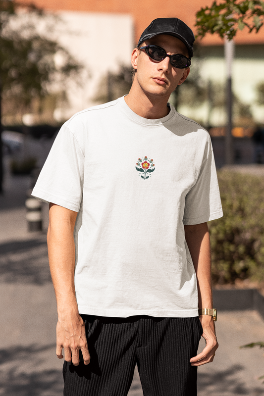 Petals of strength half sleeve white oversized t-shirt for men by hello swanky