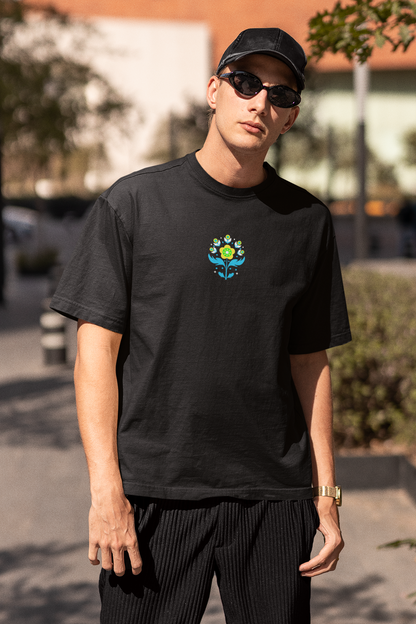 Petals of strength half sleeve black oversized t-shirt for men hello swanky - s
