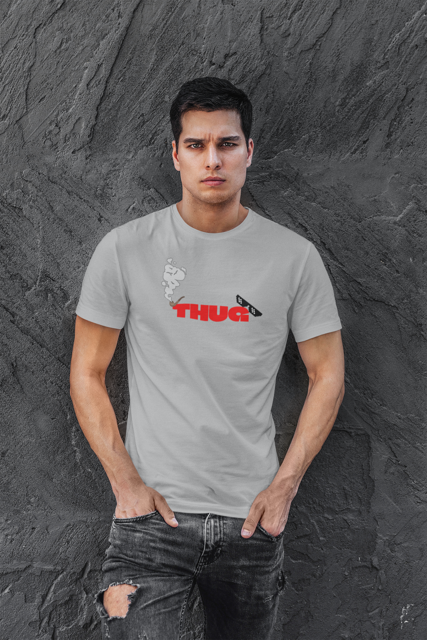 THUG Half Sleeve Grey Round Neck T-Shirt for Men Casual Streetwear