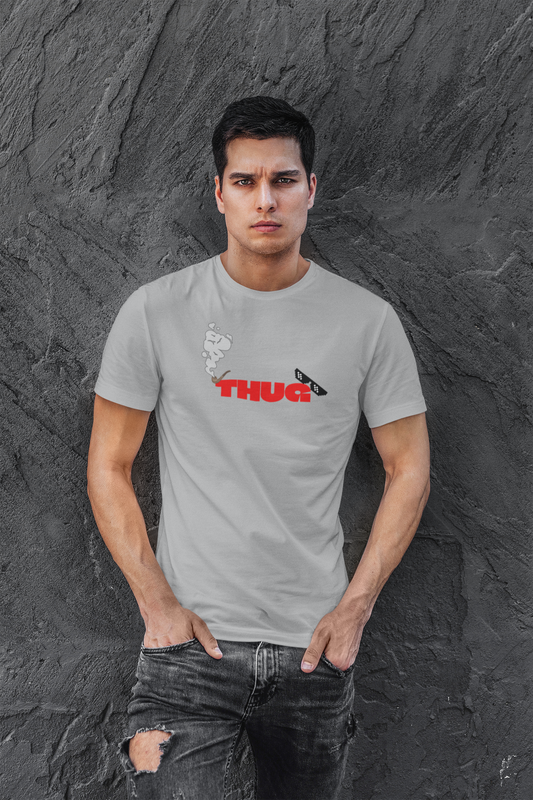 THUG Half Sleeve Grey Round Neck T-Shirt for Men Casual Streetwear