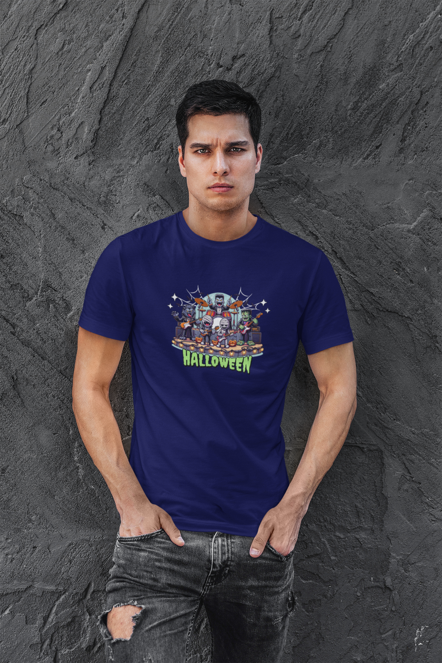 Helloween Half Sleeve Navy Blue Round Neck T-Shirt for Men