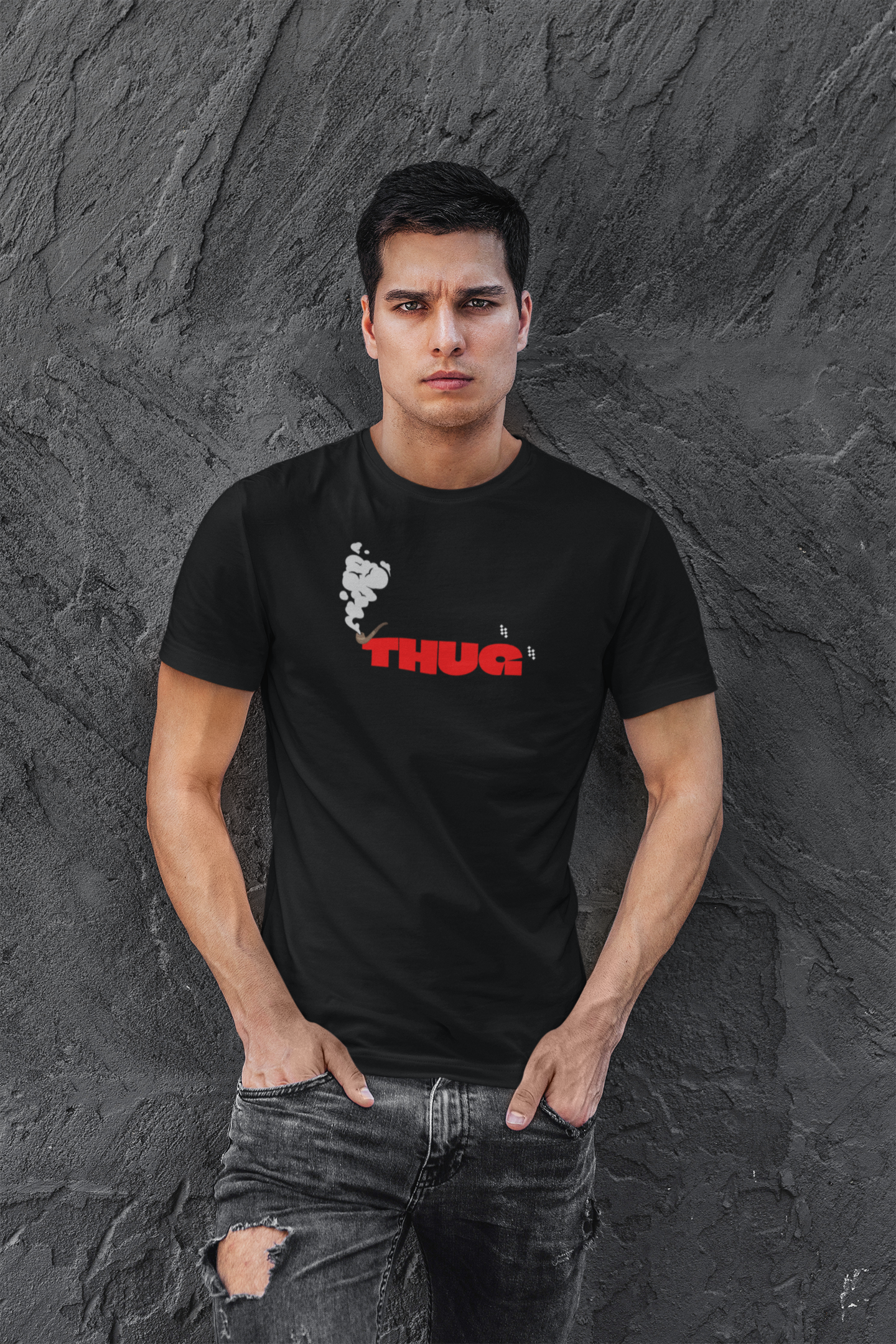 THUG Half Sleeve Black Round Neck T-Shirt for Men Streetwear