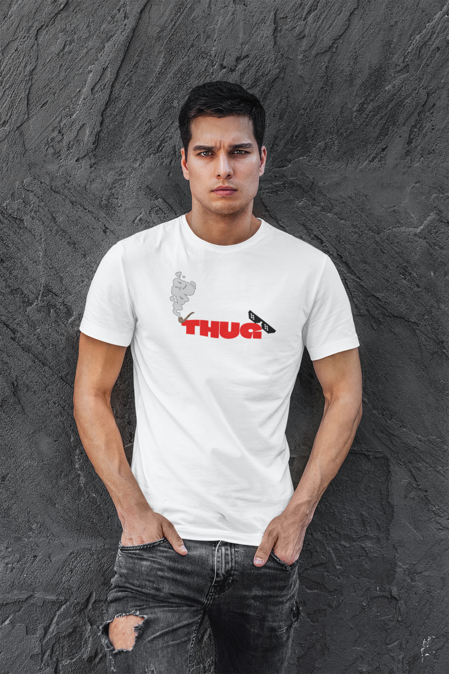 THUG Half Sleeve White Round Neck T-Shirt for Men Casual Tee