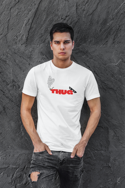 THUG Half Sleeve White Round Neck T-Shirt for Men Casual Tee