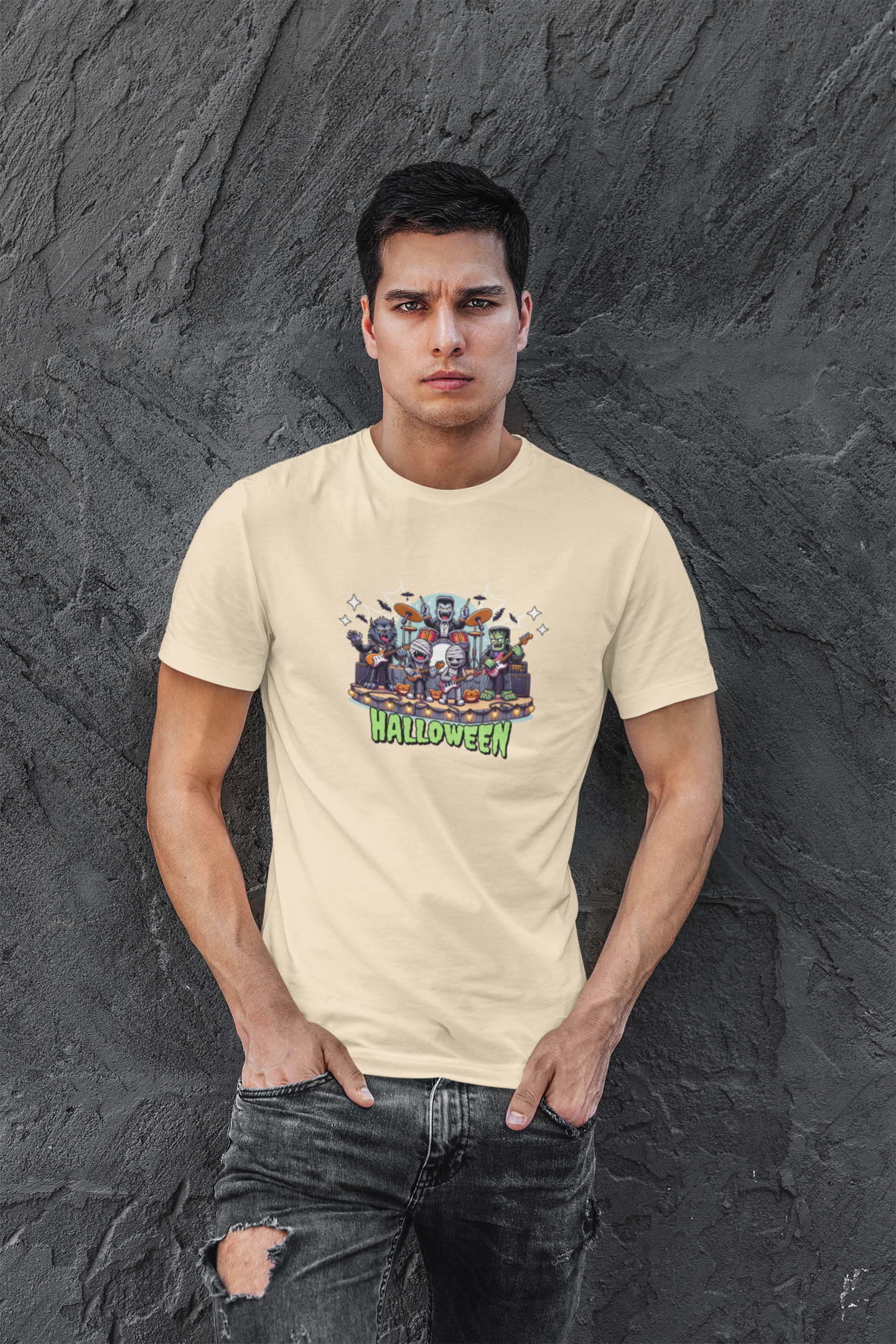 Helloween Half Sleeve Begie Round Neck T-Shirt for Men