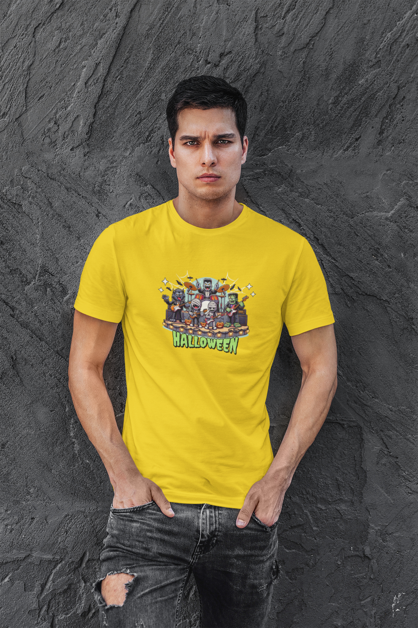 Helloween Half Sleeve Yellow Round Neck T-Shirt for Men