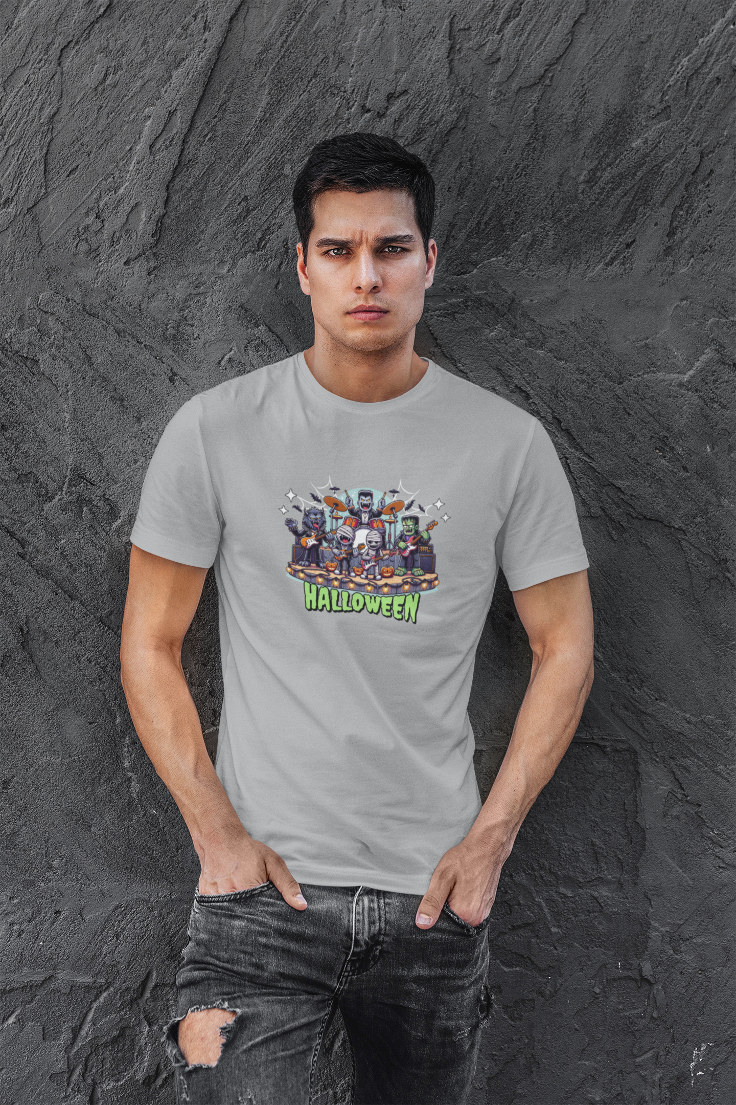 Helloween Half Sleeve Grey Round Neck T-Shirt for Men