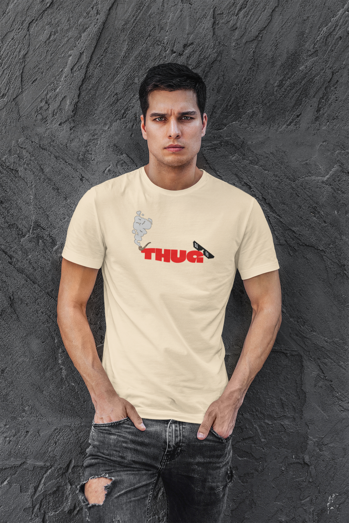 THUG Half Sleeve Beige Round Neck T-Shirt for Men Casual Style