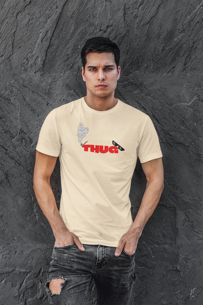 THUG Half Sleeve Beige Round Neck T-Shirt for Men Casual Style