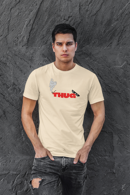THUG Half Sleeve Beige Round Neck T-Shirt for Men Casual Style