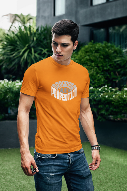 Perfection half sleeve orange round neck t-shirt for men hello swanky