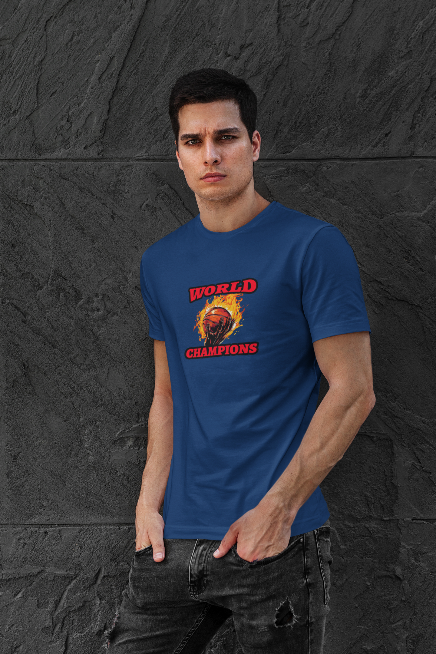 World champions half sleeve navy blue round neck t-shirt for men by hello