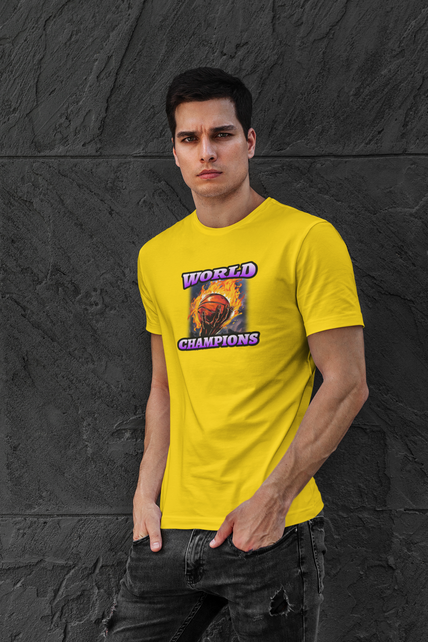 World champions half sleeve yellow round neck t-shirt for men by hello swanky