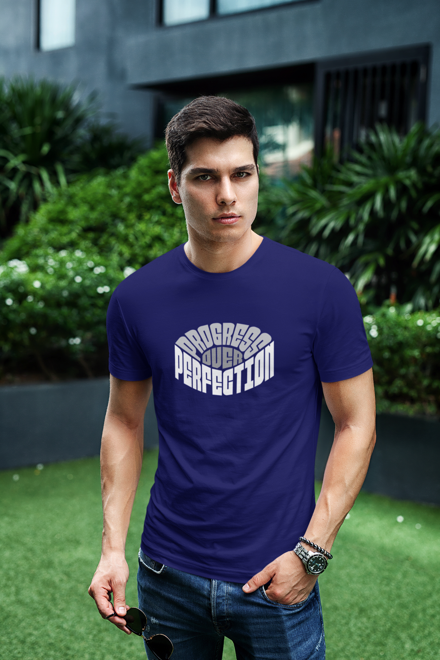Perfection Half Sleeve Navy Blue Round Neck T-Shirt for Men Hello Swanky