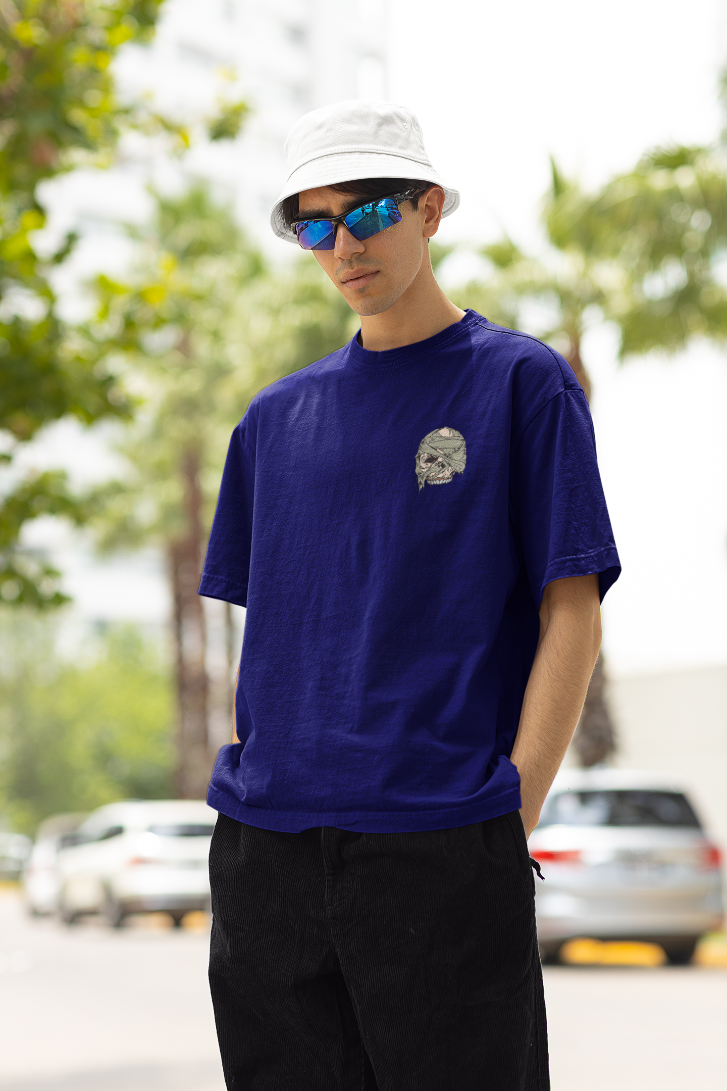 Skeleton Unisex Navy Blue Oversized T-Shirt Trendy Graphic Style