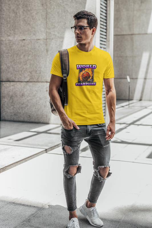World champions half sleeve yellow round neck t-shirt for men by hello swanky