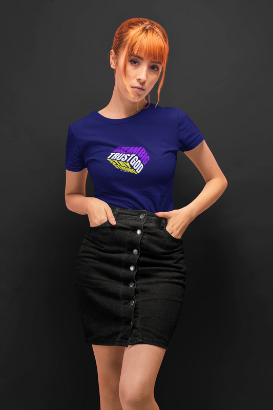 Dream big half sleeve navy blue round neck t-shirt for women by hello swanky