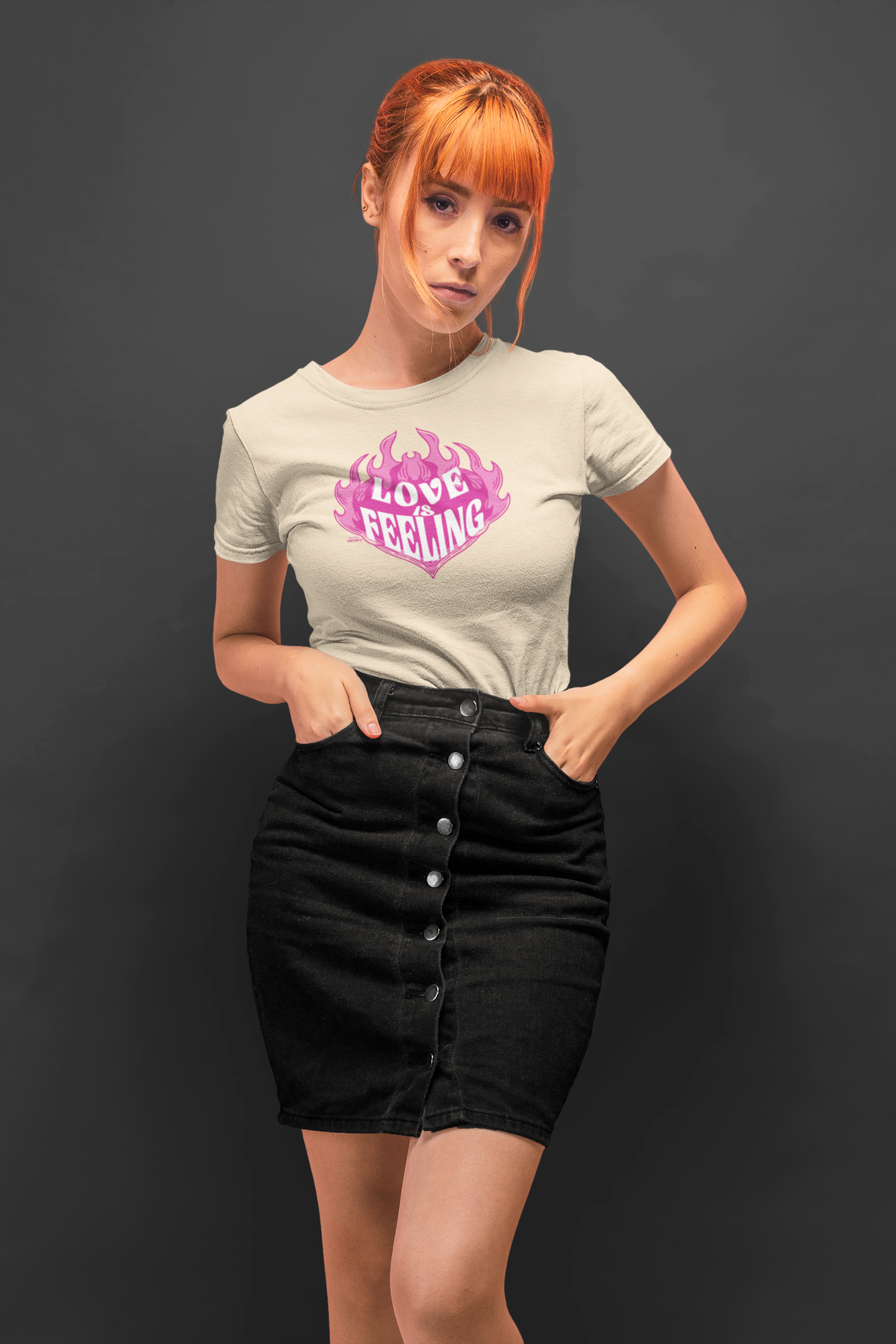 Love is feeling half sleeve beige round neck t-shirt for women by hello swanky