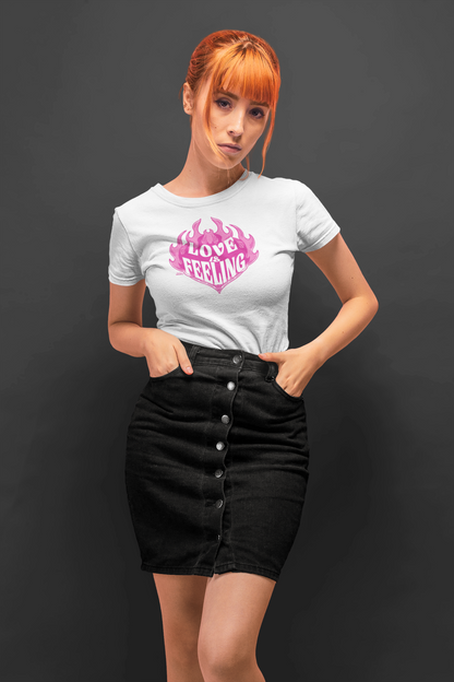 Love is feeling half sleeve white round neck t-shirt for women by hello swanky