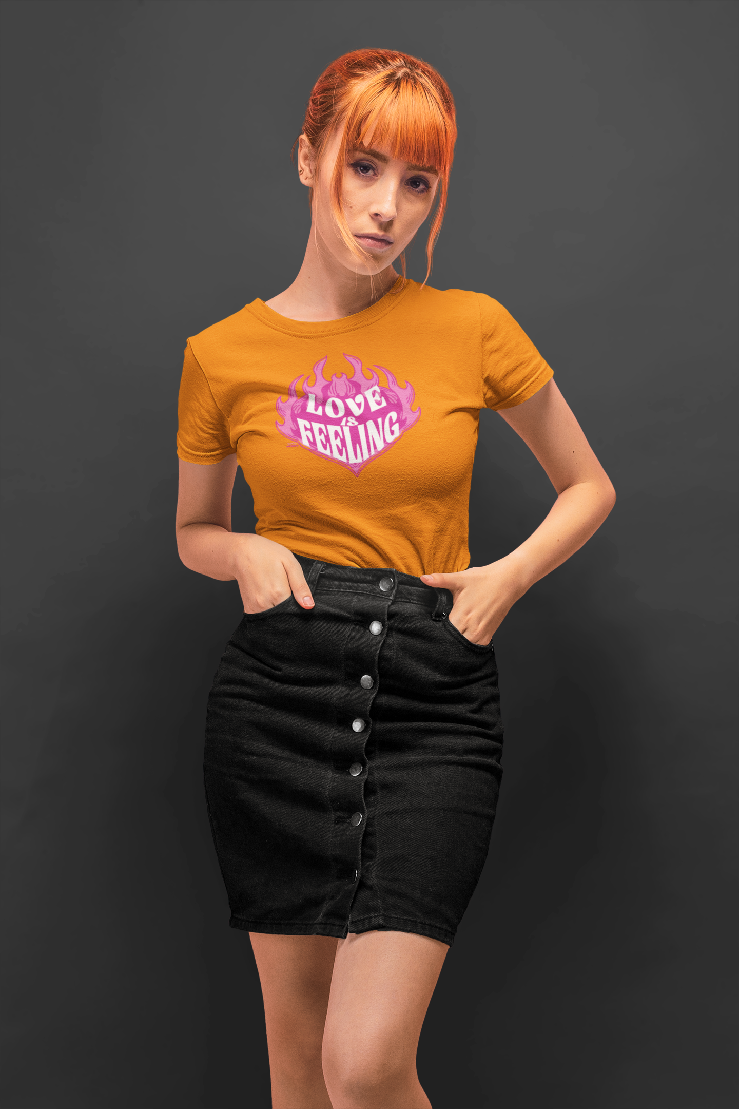 Love is feeling half sleeve orange round neck t-shirt for women by hello swanky