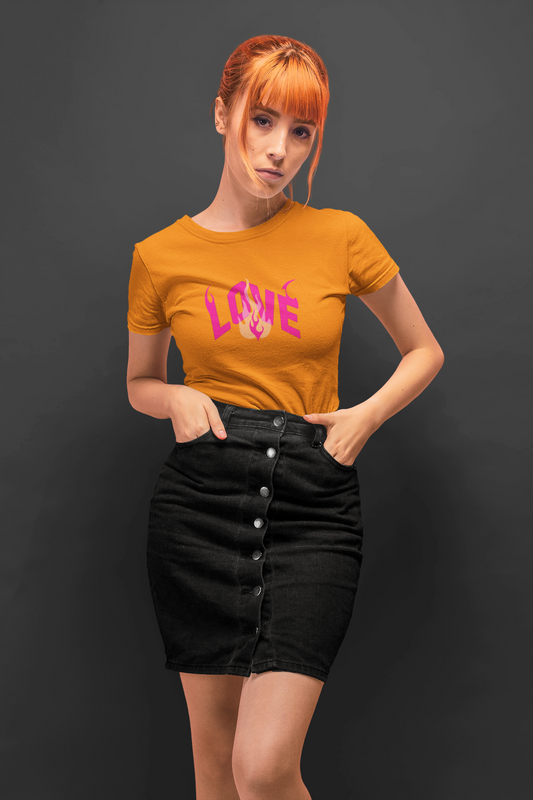 Love fire half sleeve orange round neck t-shirt for women by hello swanky