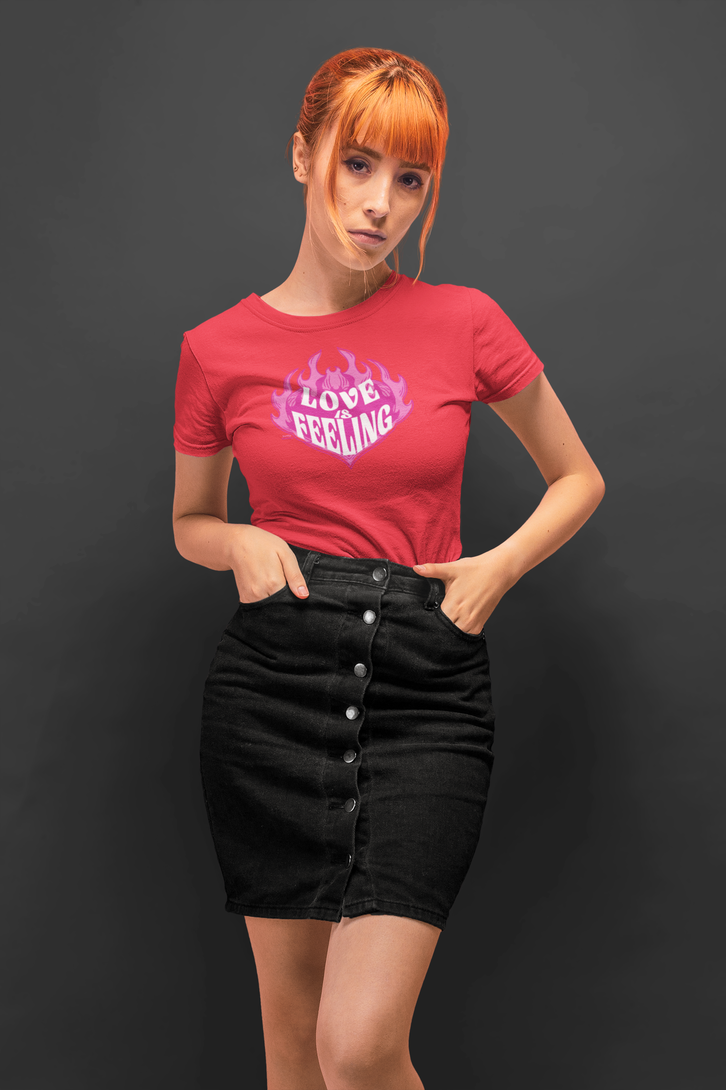 Love is feeling half sleeve red round neck t-shirt for women by hello swanky