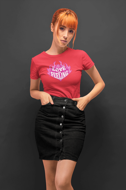 Love is feeling half sleeve red round neck t-shirt for women by hello swanky