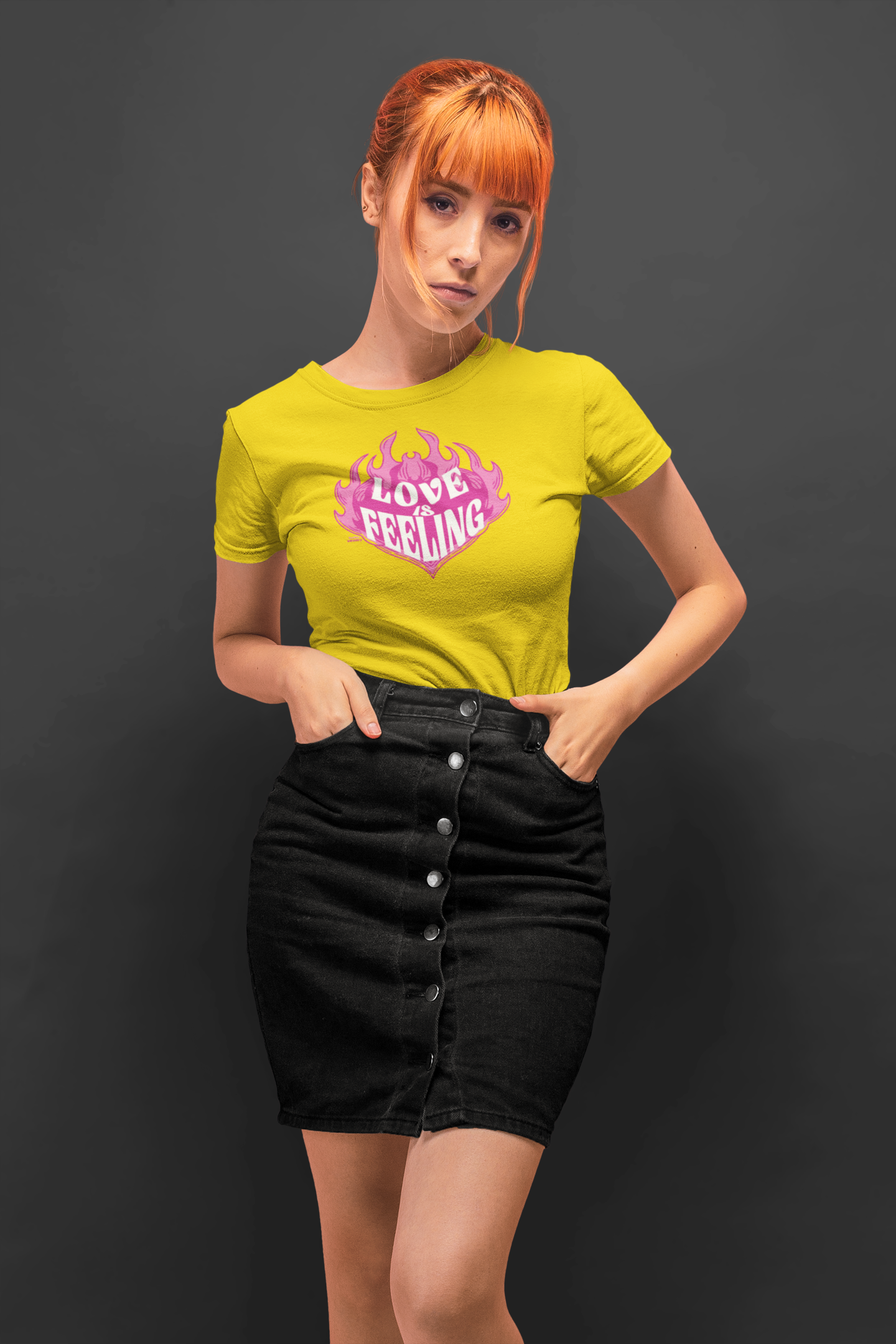 Love is feeling half sleeve yellow round neck t-shirt for women by hello swanky
