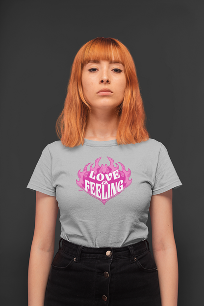 Love is feeling half sleeve grey round neck t-shirt for women by hello swanky