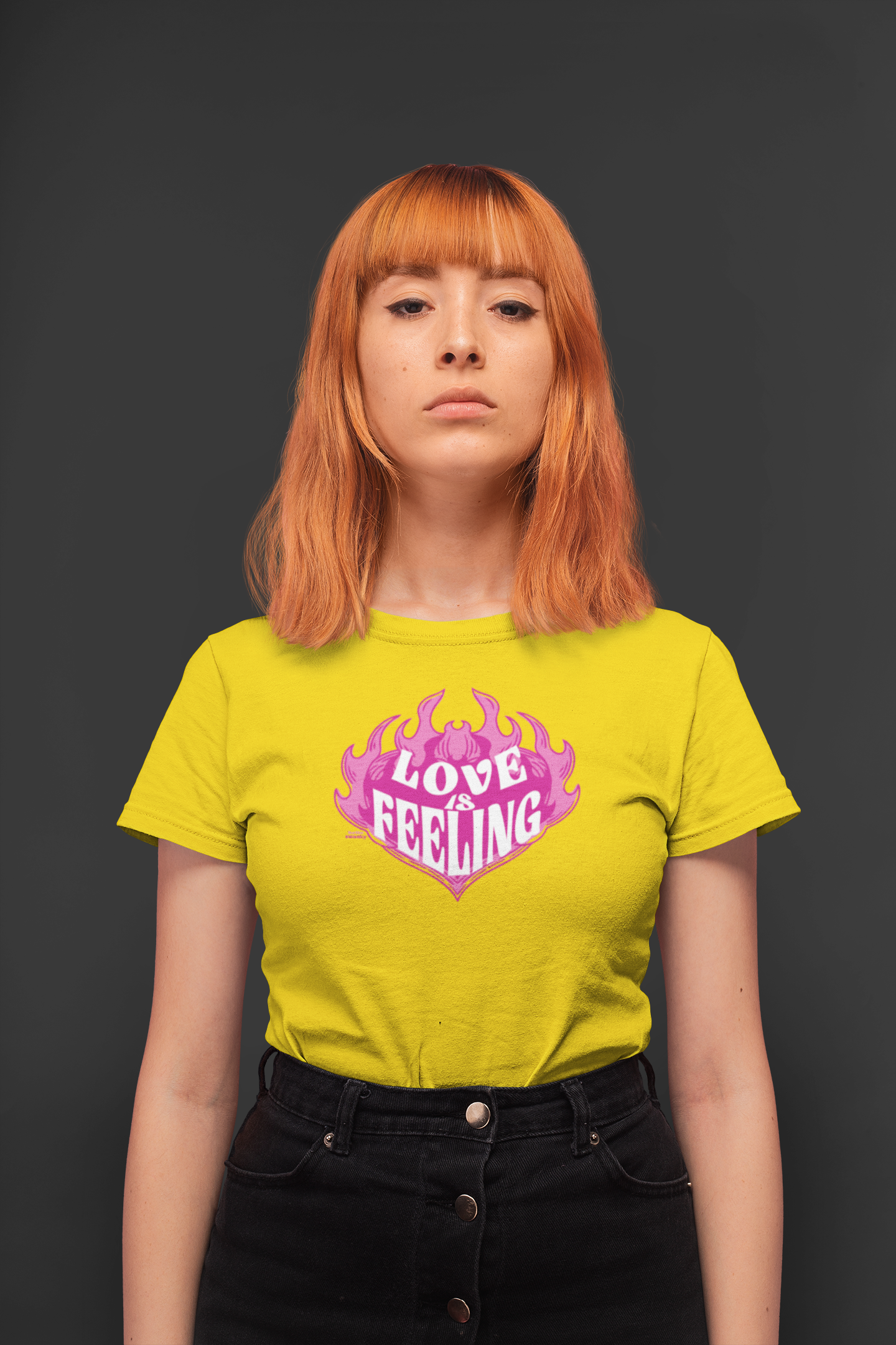Love is feeling half sleeve yellow round neck t-shirt for women by hello swanky
