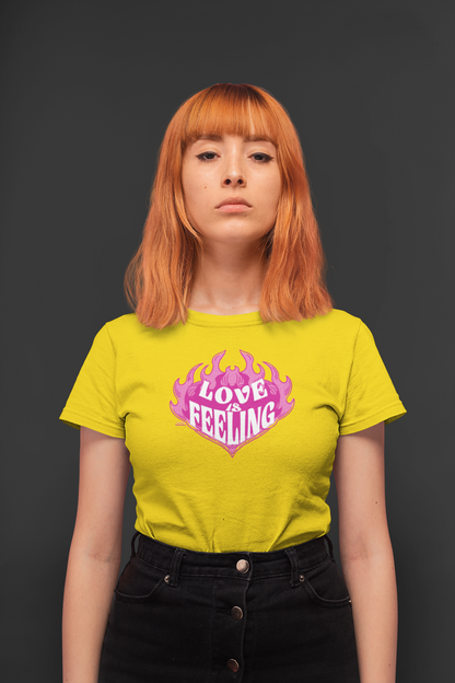 Love is feeling half sleeve yellow round neck t-shirt for women by hello swanky