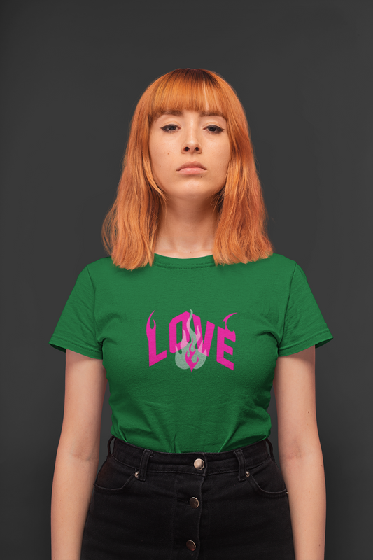 Love fire half sleeve bottel green round neck t-shirt for women by hello swanky