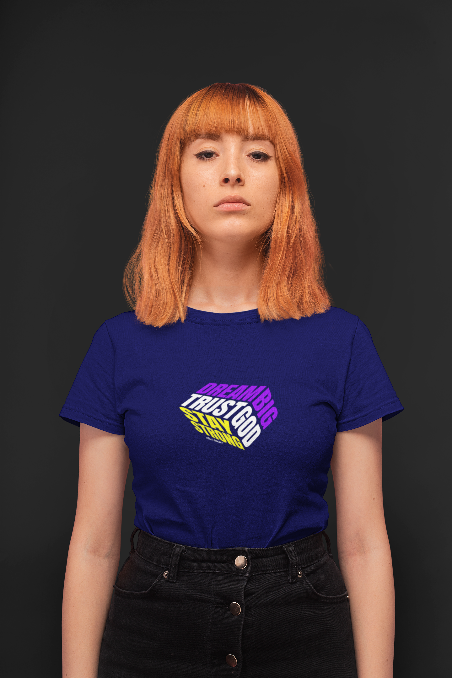 Dream big half sleeve navy blue round neck t-shirt for women by hello swanky - s