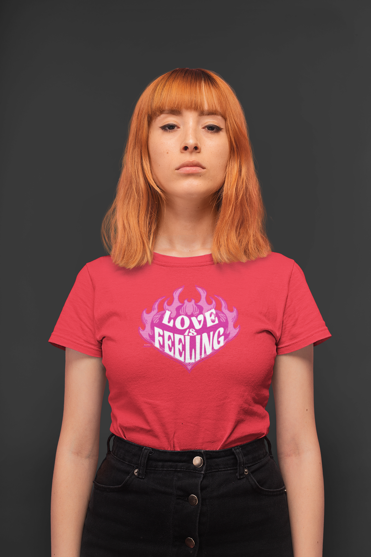 Love is feeling half sleeve red round neck t-shirt for women by hello swanky - s