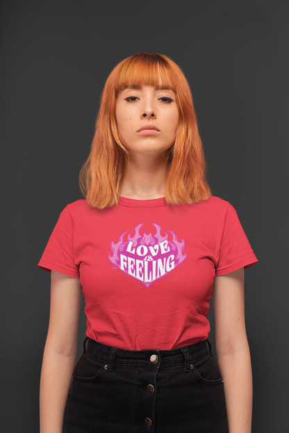 Love is feeling half sleeve red round neck t-shirt for women by hello swanky - s