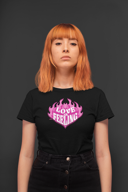 Love is feeling half sleeve black round neck t-shirt for women by hello swanky