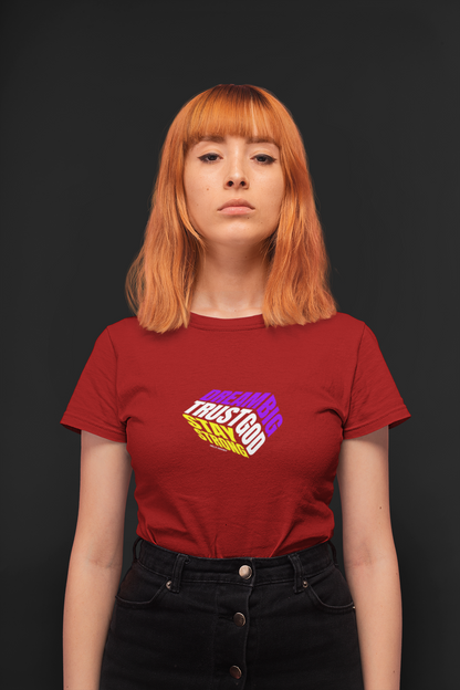 Dream big half sleeve maroon round neck t-shirt for women by hello swanky - s
