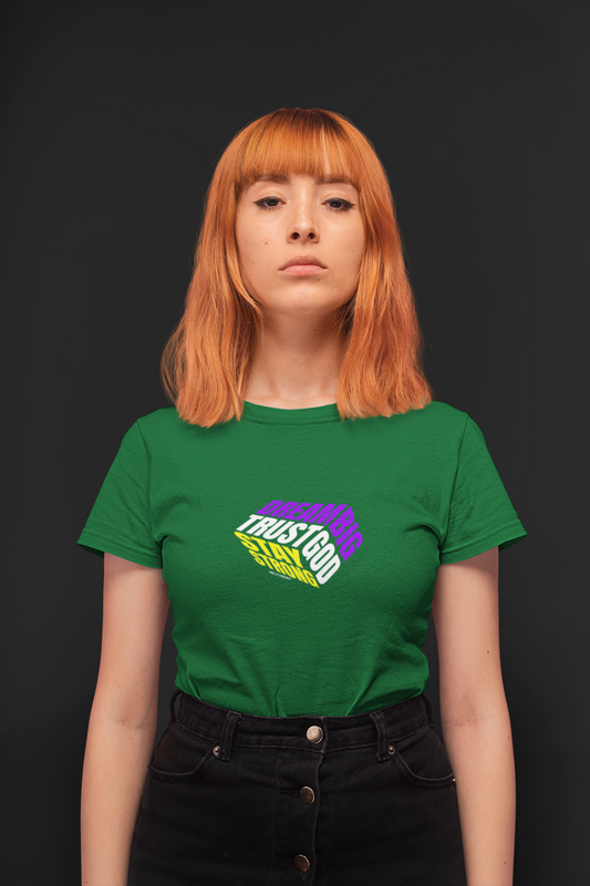 Dream big half sleeve bottel green round neck t-shirt for women by hello swanky