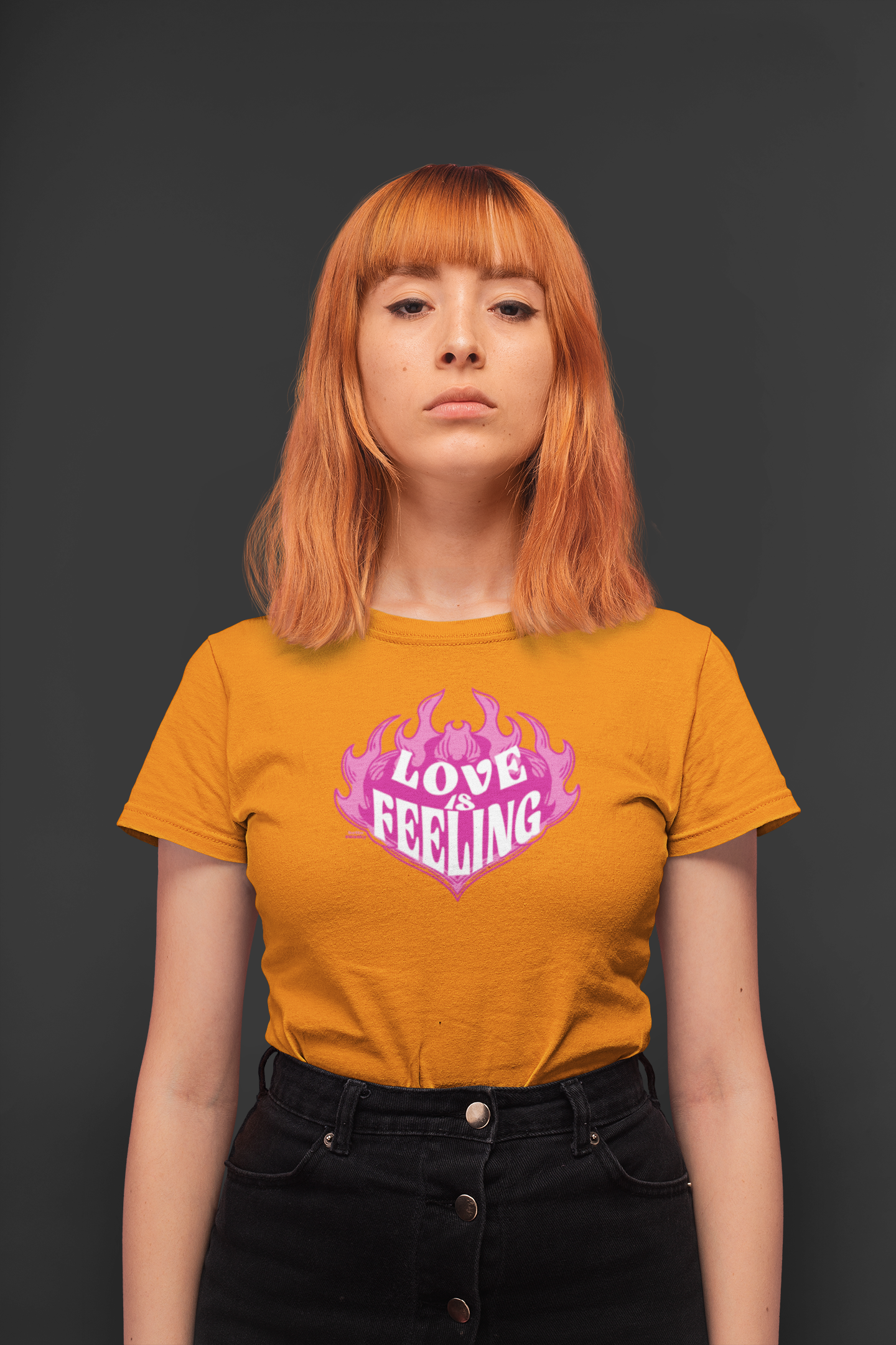 Love is feeling half sleeve orange round neck t-shirt for women by hello swanky