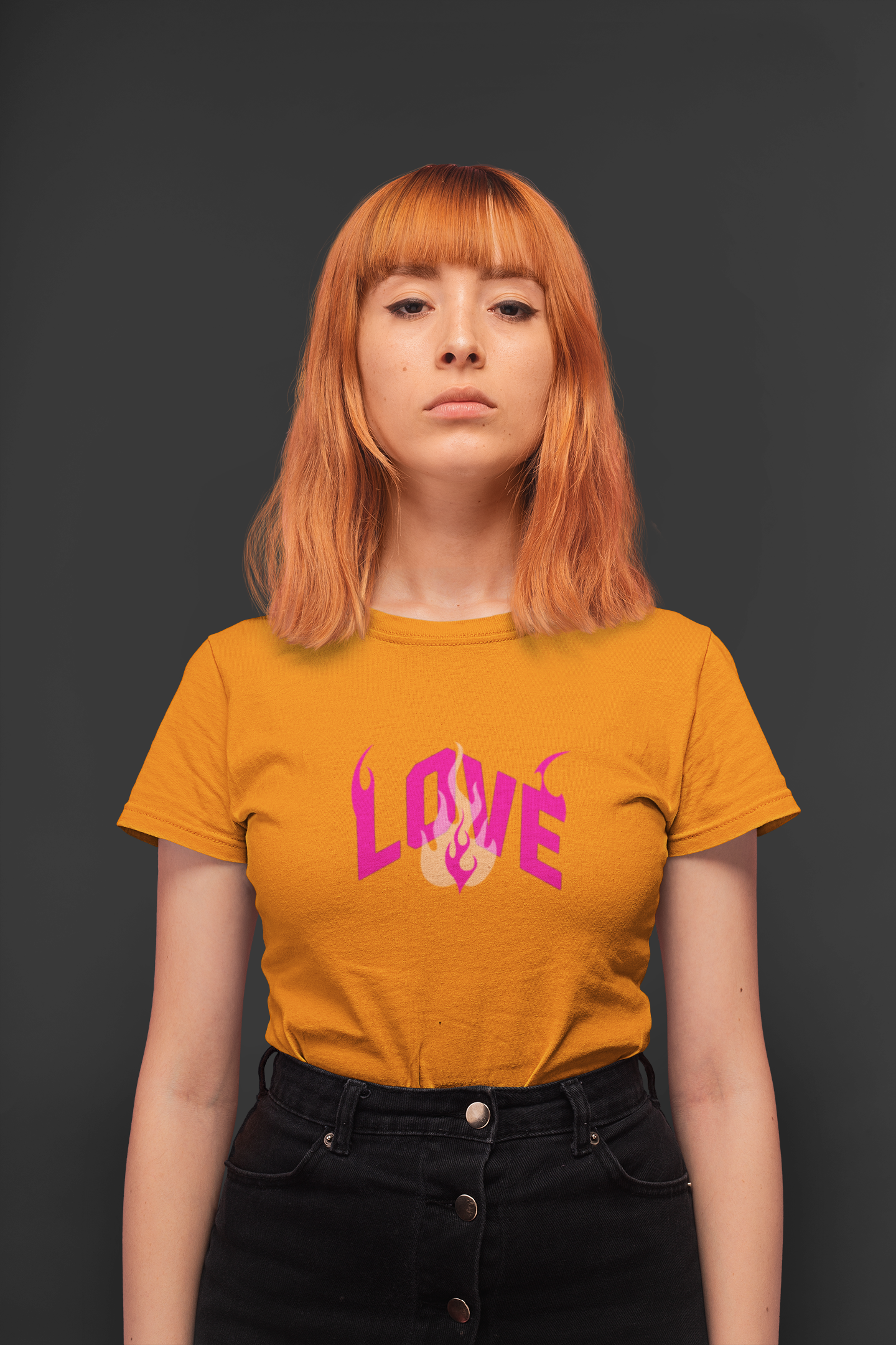 Love fire half sleeve orange round neck t-shirt for women by hello swanky - s