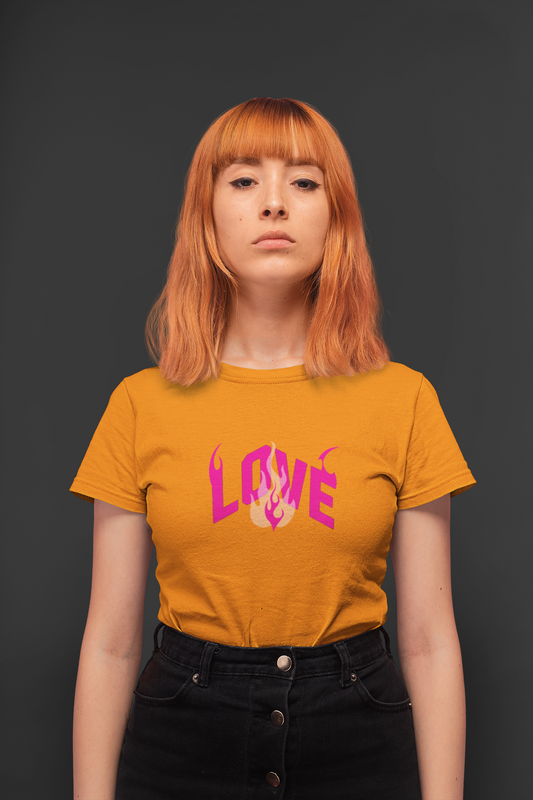 Love fire half sleeve orange round neck t-shirt for women by hello swanky - s