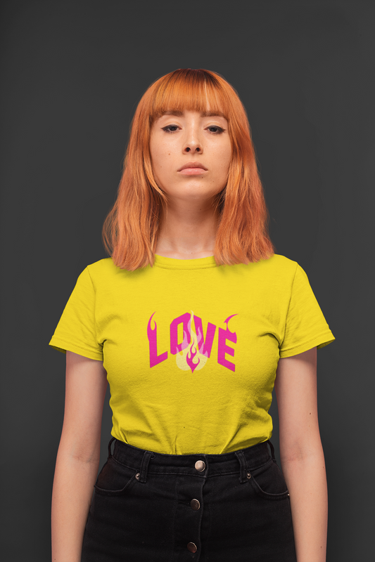 Love fire half sleeve yellow round neck t-shirt for women by hello swanky - s