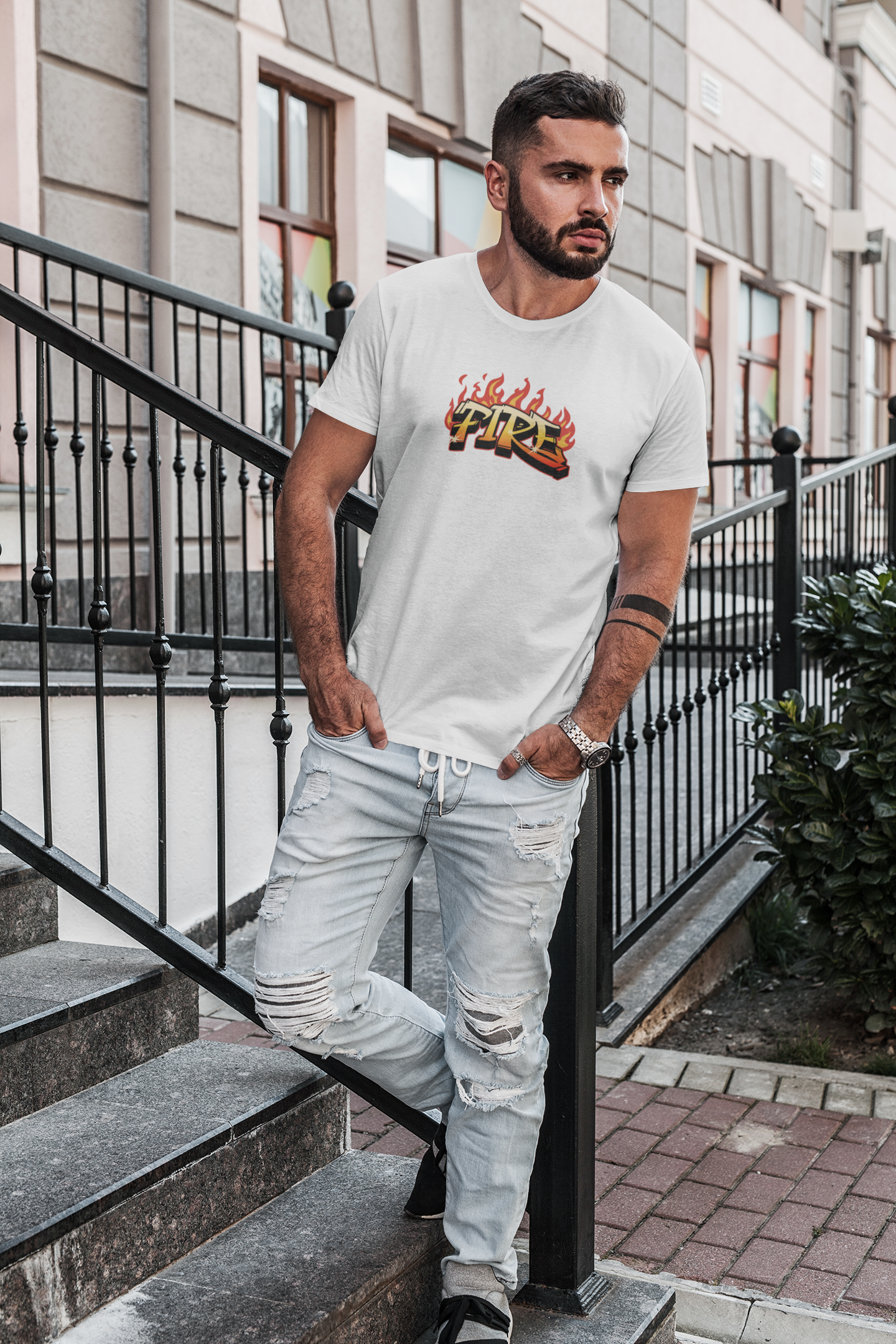Fire Half Sleeve White Round Neck T-Shirt for Men by Hello Swanky