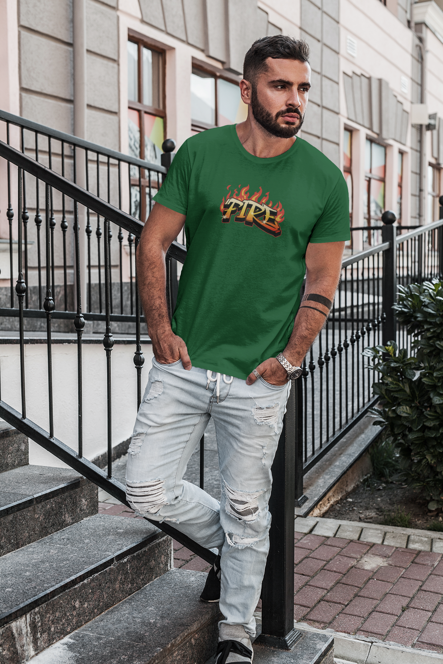 Fire Half Sleeve Bottle Green T-Shirt for Men – Trendy Style