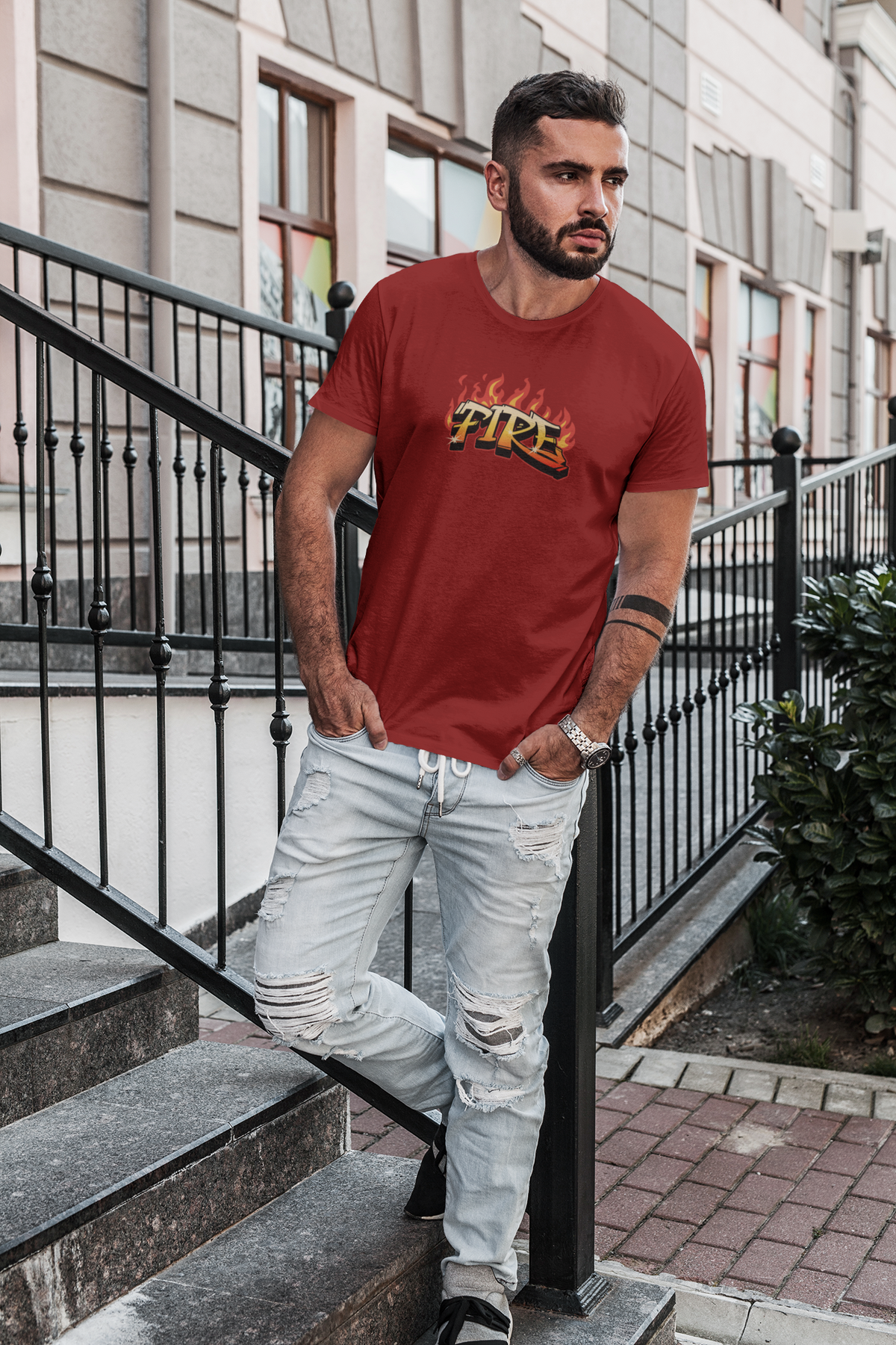 Fire Half Sleeve Maroon Round Neck T-Shirt for Men by Hello Swanky