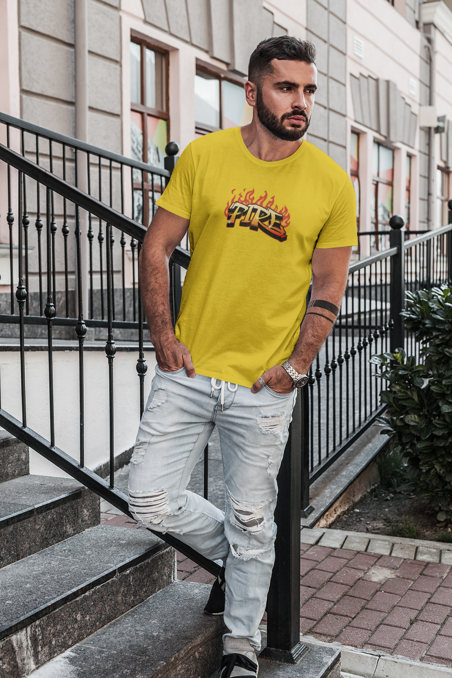 Fire Half Sleeve Yellow Round Neck T-Shirt for Men Casual
