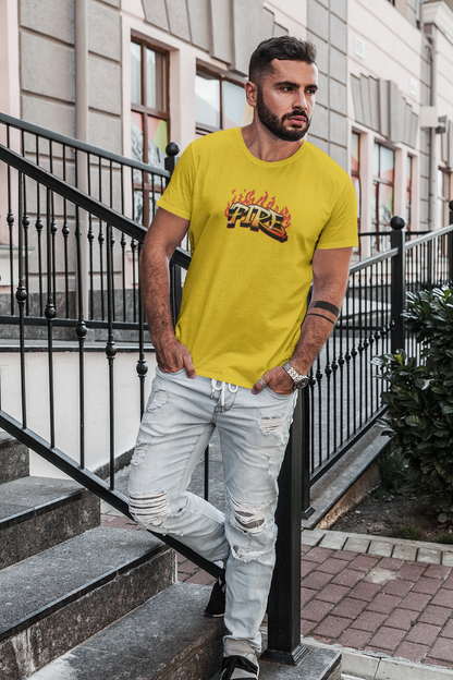 Fire Half Sleeve Yellow Round Neck T-Shirt for Men Casual